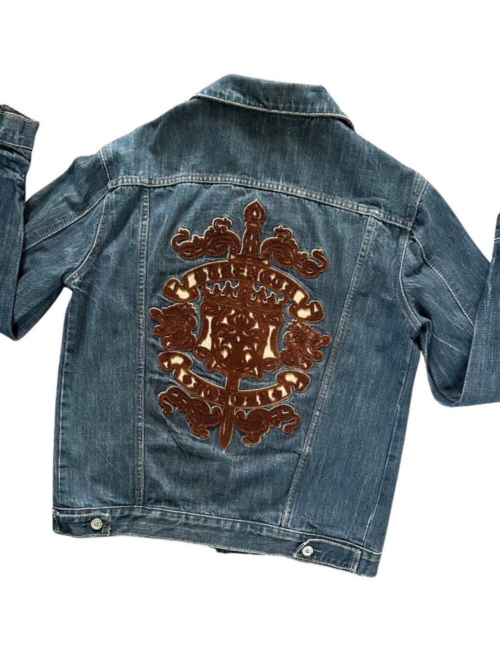 Royal Underground Y2K Denim Jacket M Crest Embroidered Rocker Grunge Dark Wash